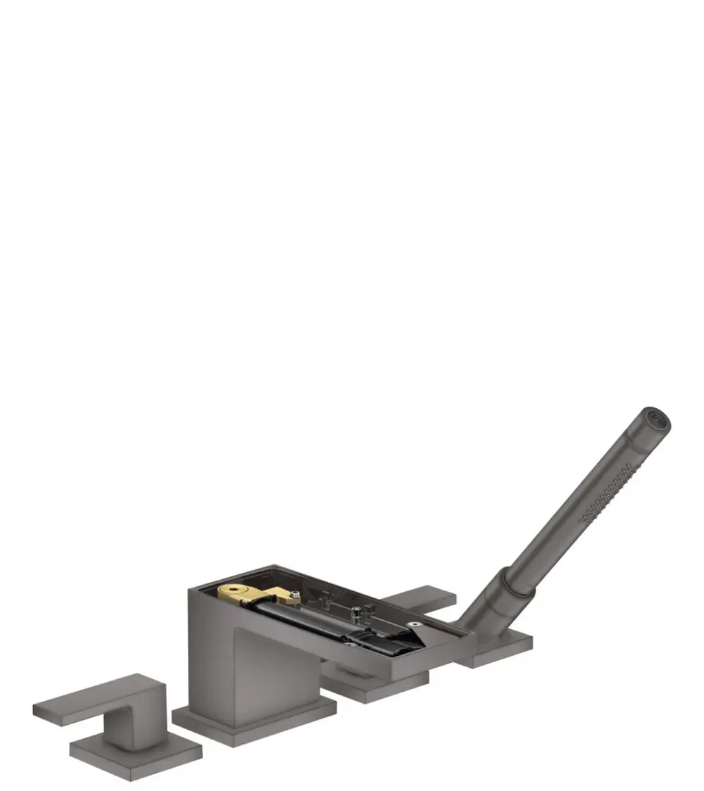 AXOR Wannenrandarmatur mit vier Anschlüssen und einem langen Auslauf. Ausführung in gebürstetem schwarz-chrom. Minimalistisches Design ohne Platten.